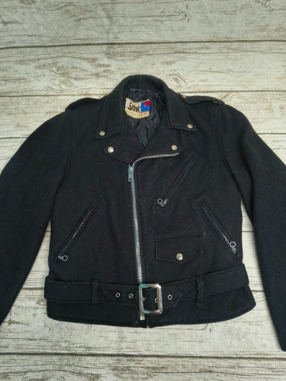 Schott Perfecto Black Motorcycle Wool Blend Biker Belted Jacket Made in USA 40